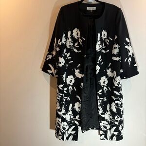 KASPER Sz 12 Open Front Blazer Floral Pockets Lined Shoulder Pads Long Line